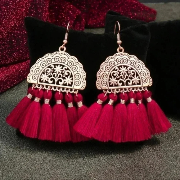 Bohemian Rose Gold Red Tassel Earrings - Picture 3 of 5
